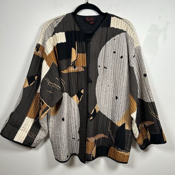 VTG Icinoo 100% Silk Jacket Women Size Medium Art Abstract Brown Gray Black 90s - Picture 1 of 8